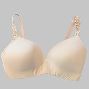 Natori Pure Luxe Wireless Contour Bra 34DD Lace Straps Beige Nude